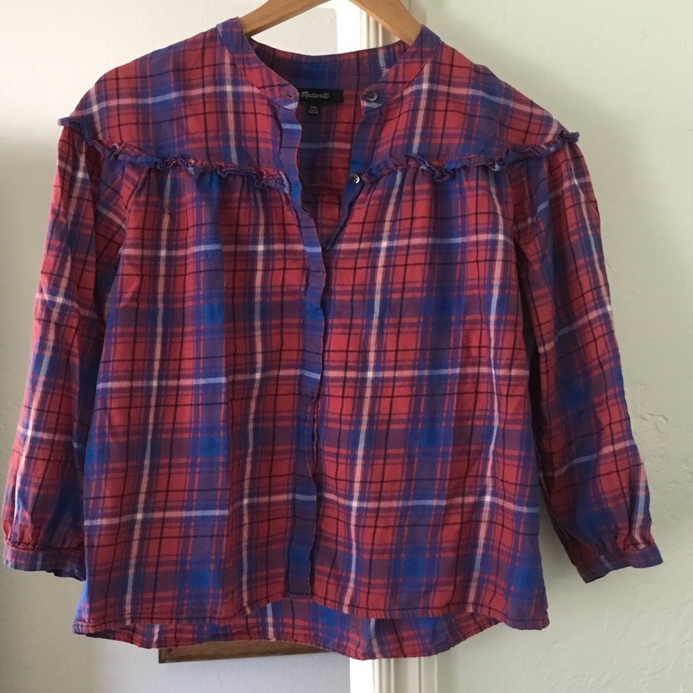 Madewell Red and Blue Plaid Ruffle Yoke Blouse